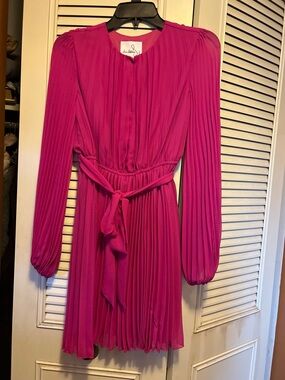 Hot Pink Pleated Long-Sleeve Tie-Waist Dress